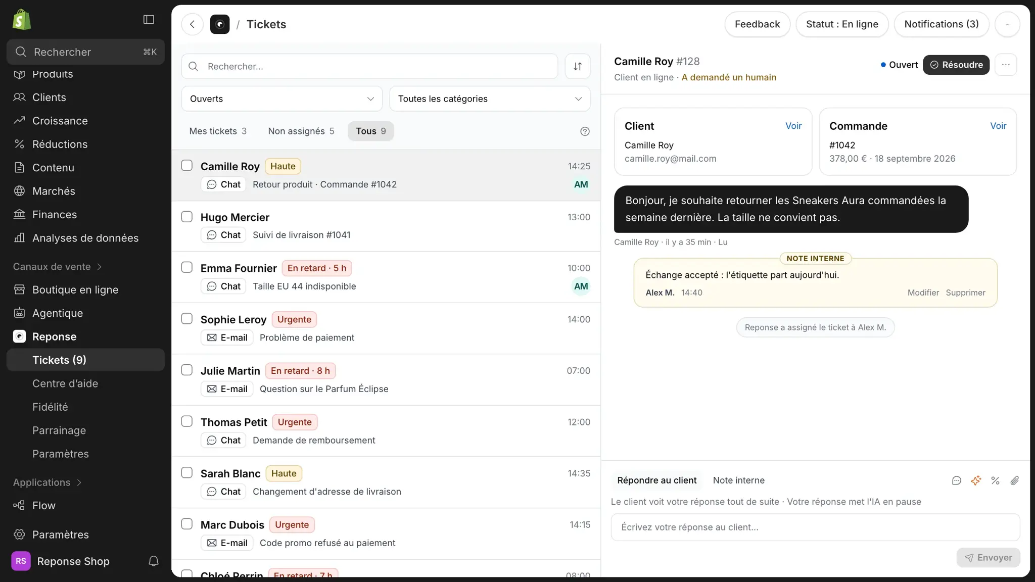Le back-office, natif dans l'admin Shopify