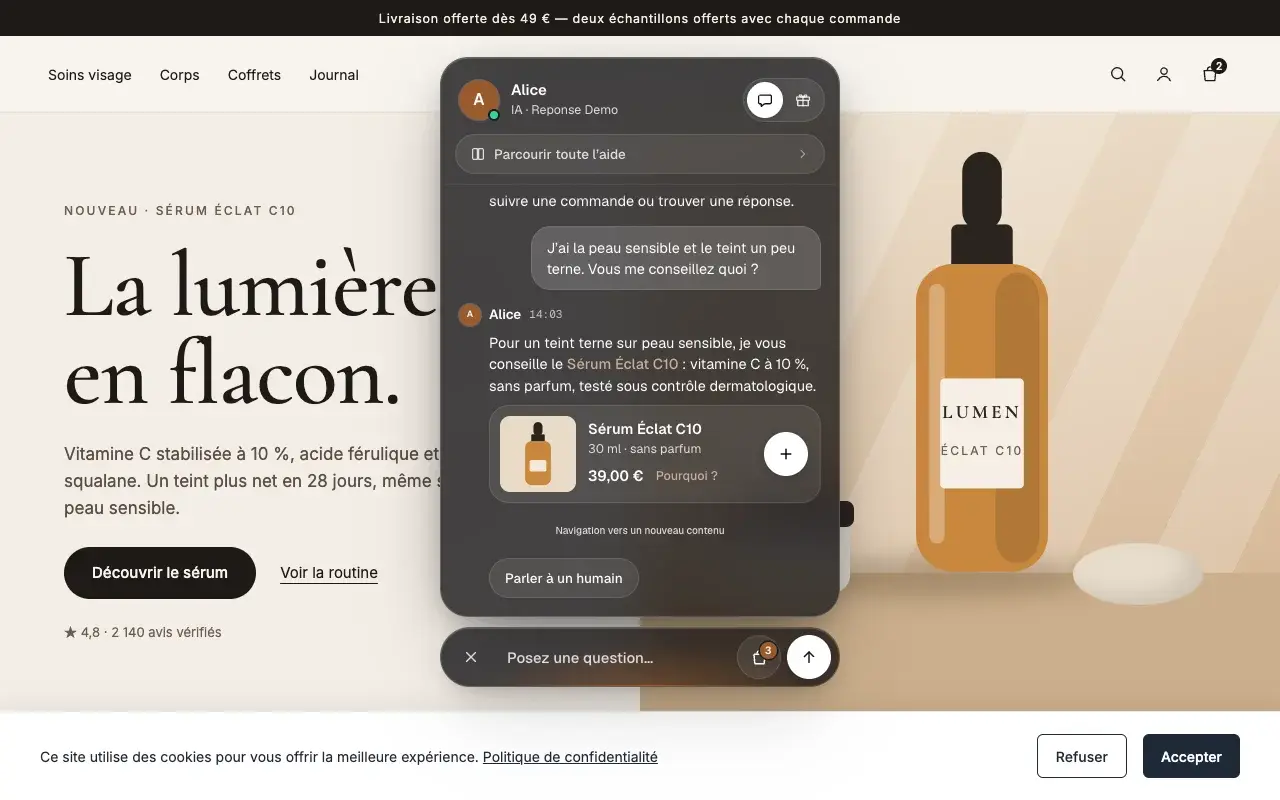 Le live chat en verre, qui s'accorde à chaque boutique